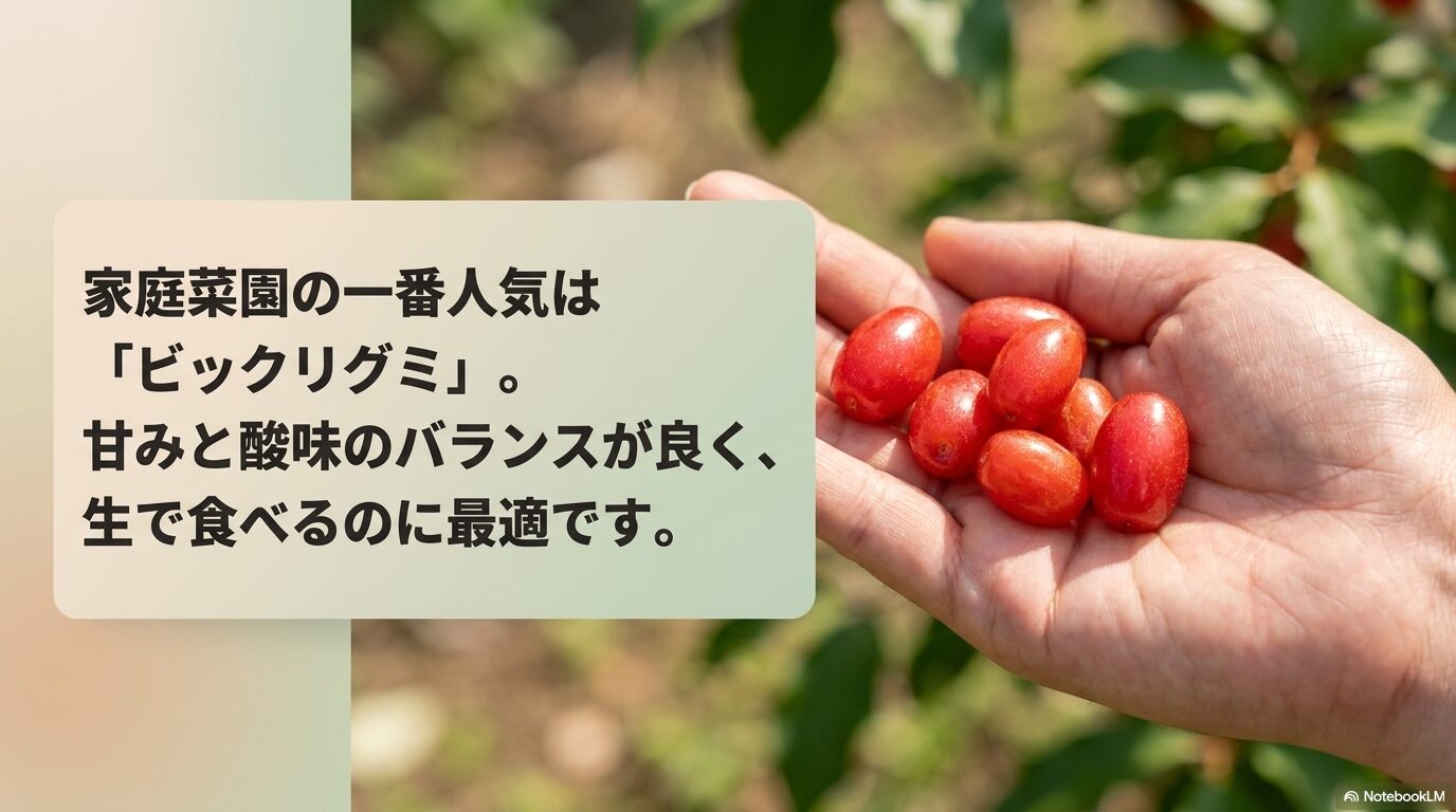 甘みと酸味のバランスが良く生食に最適で家庭菜園で一番人気のビックリグミ