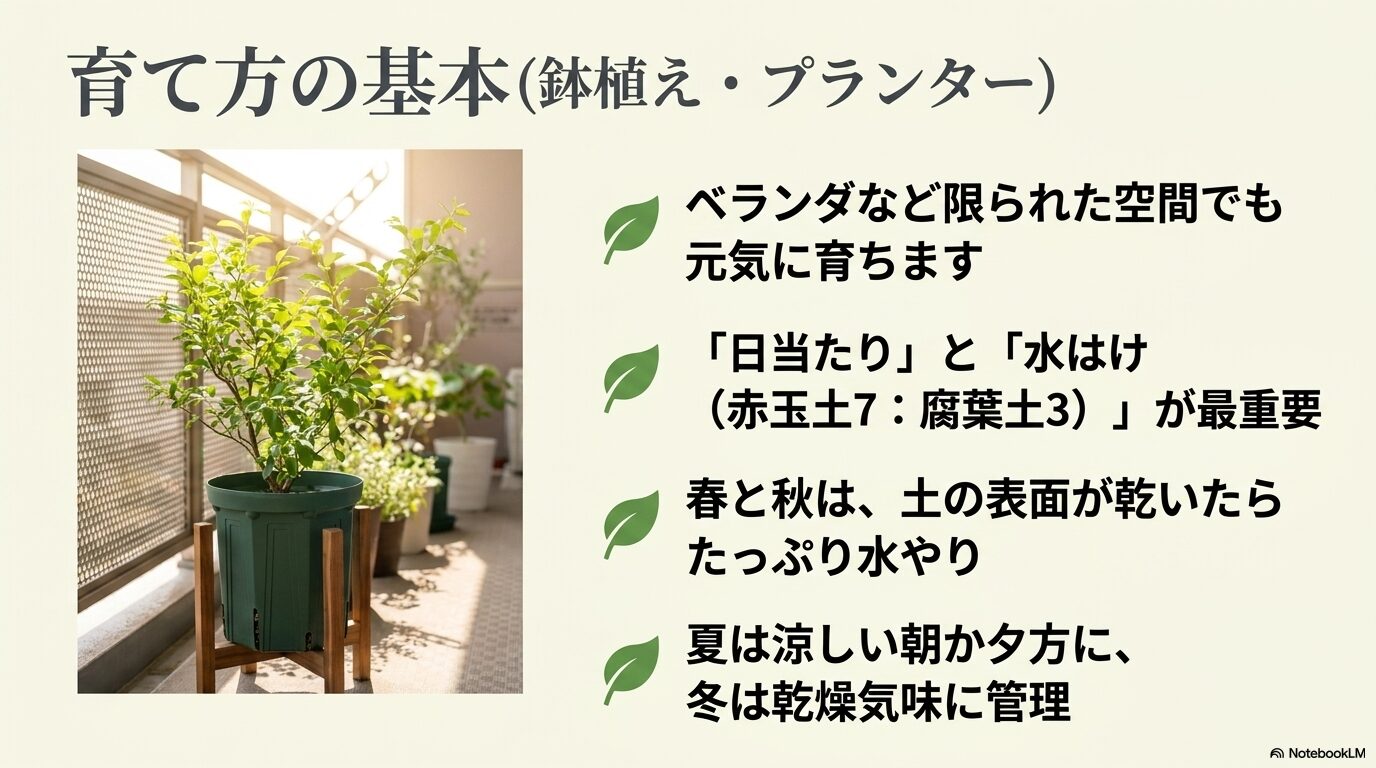 鉢植えのニワウメの画像と、日当たり、水はけ、季節ごとの水やりのポイントをまとめたスライド