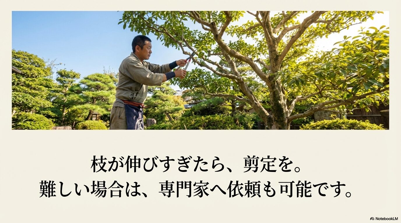 枝が伸びすぎた際の剪定と、専門家へ依頼する庭師の様子