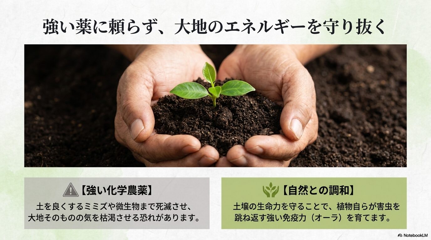 強い薬に頼らず土壌の生命力を守ることで大地のエネルギーを守り抜く
