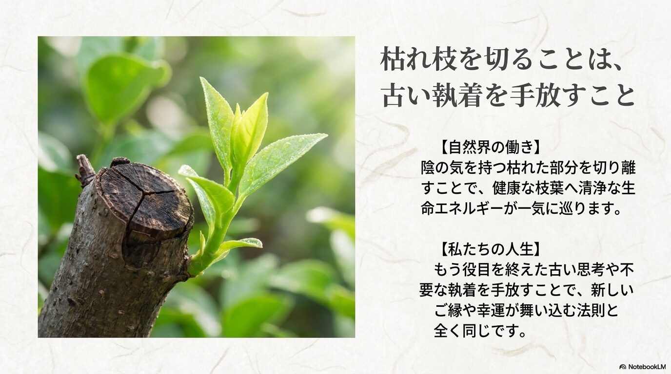 枯れ枝を切ることは古い執着を手放すこと。新しい生命エネルギーが巡る