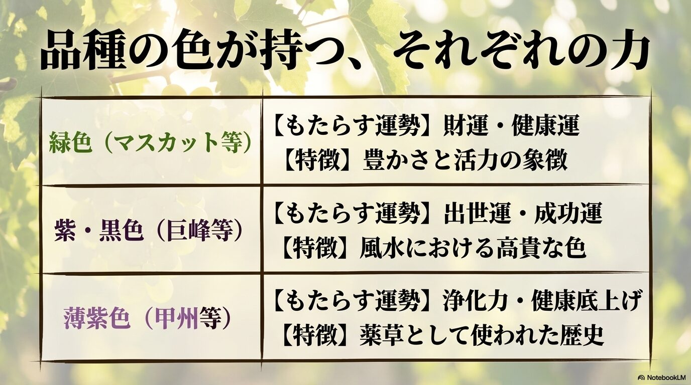 緑色、紫・黒色、薄紫色などぶどうの実の色別にもたらされる財運や出世運、浄化力の比較一覧表