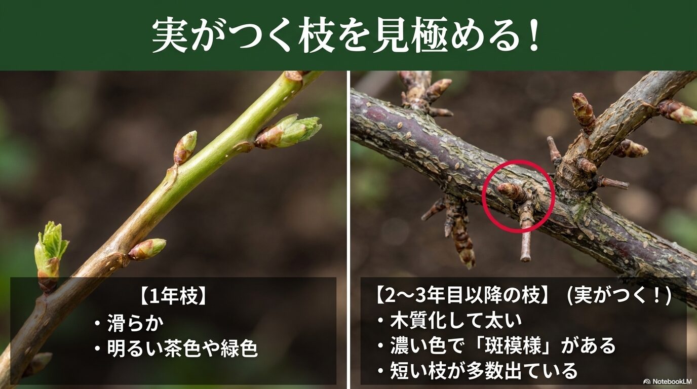 ツルツルとした1年枝と、木質化して斑模様がある2〜3年目以降の実がつく枝の視覚的な違い