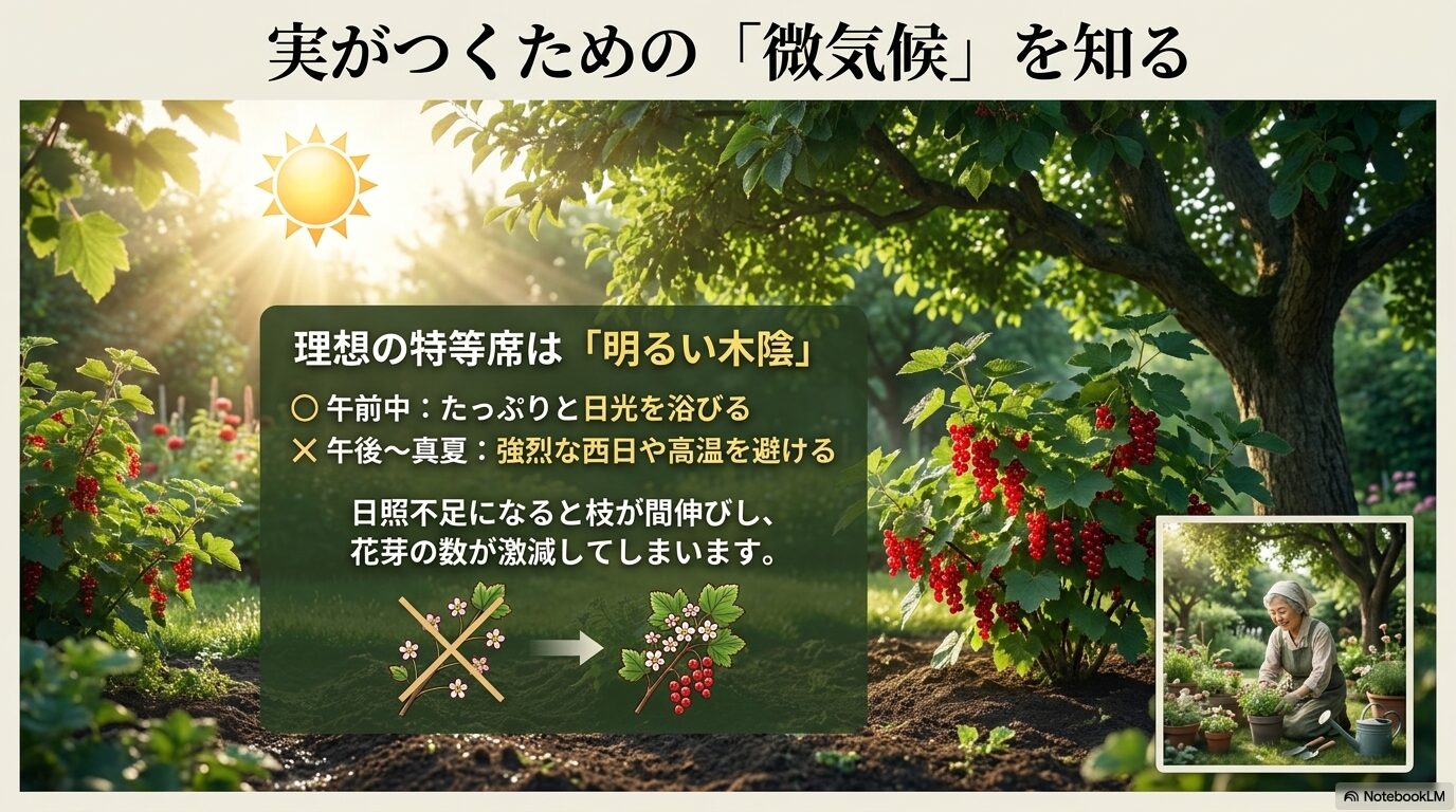 午前中にたっぷり日光を浴び、午後の強烈な西日を避ける「明るい木陰」がフサスグリの理想的な環境