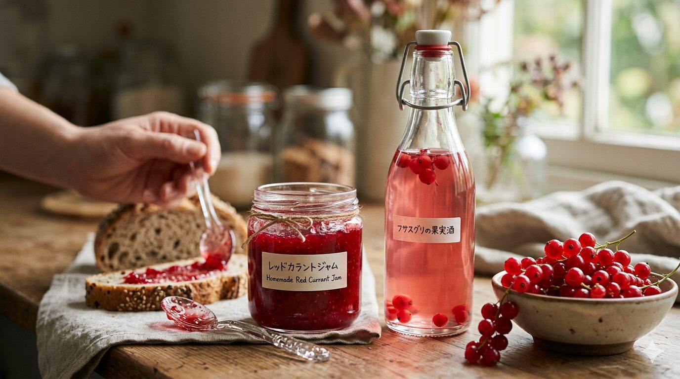 美しく透き通ったルビー色のレッドカラントジャムと、ほんのりピンク色に染まったフサスグリの果実酒