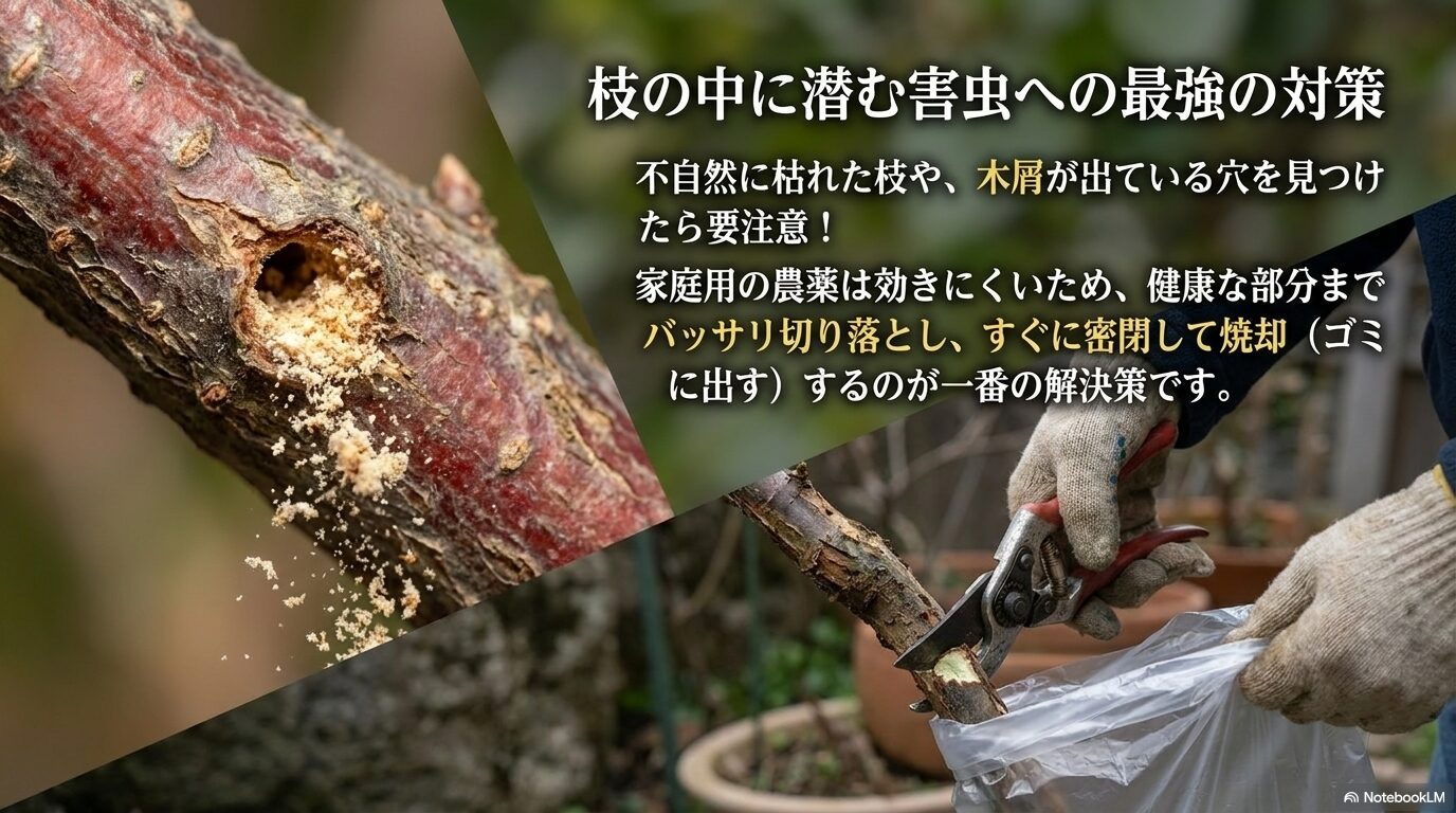 枝の中に潜む害虫の被害を受けた不自然に枯れた枝は、健康な部分まで切り落として焼却処分する