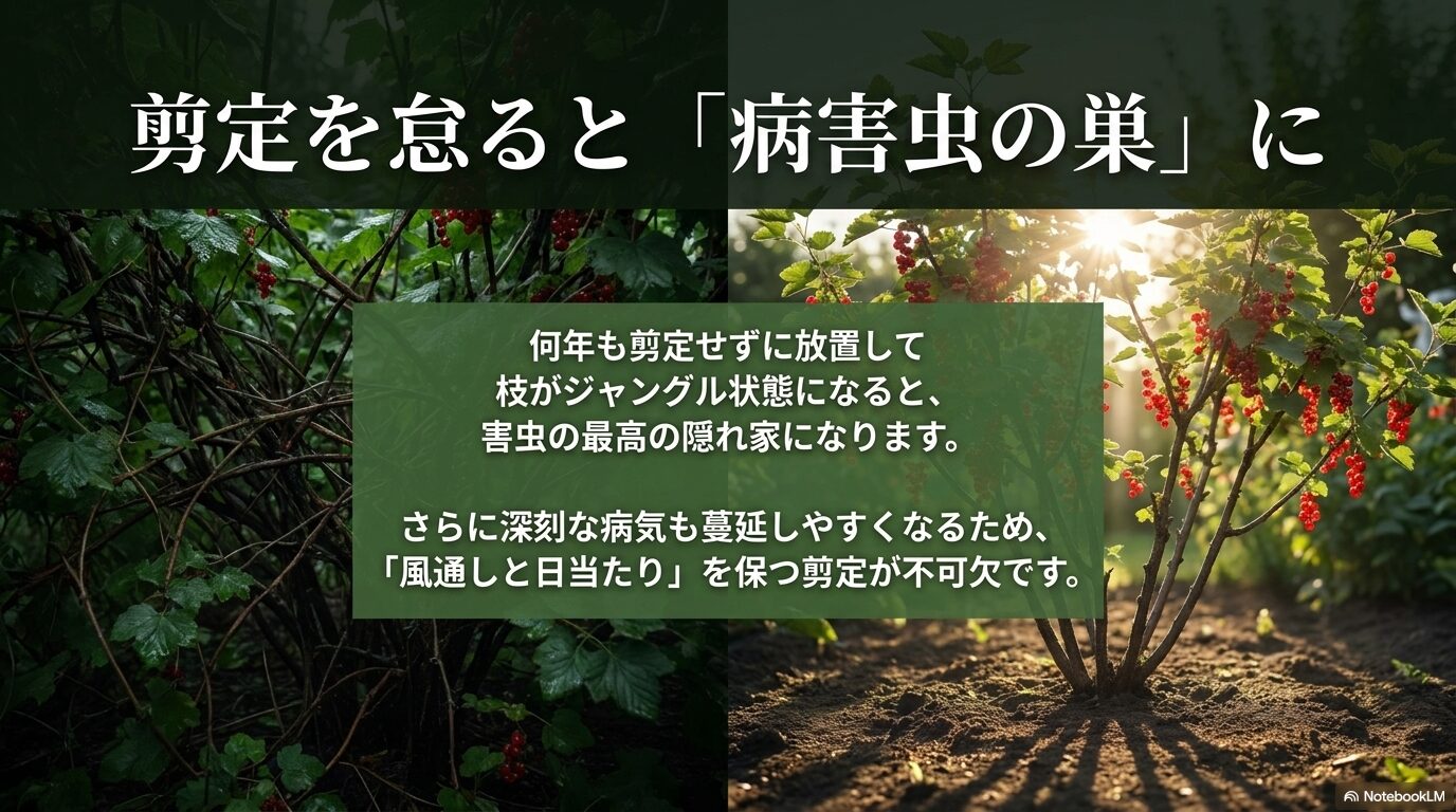 何年も剪定せずに放置して枝が密集すると、風通しが悪くなり害虫や病気蔓延の巣になってしまう