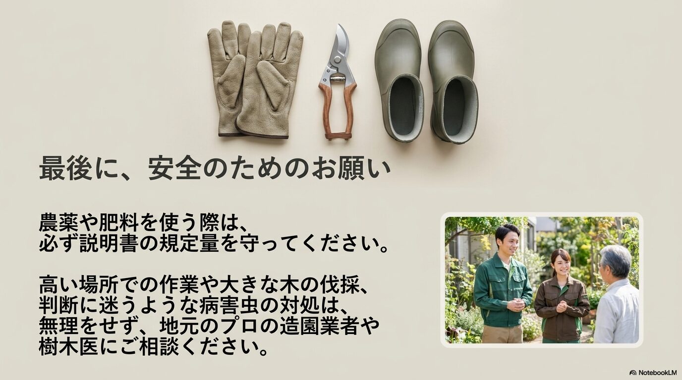 農薬の使用や高所作業、判断に迷う病害虫の対処は無理をせず、地元の造園業者や樹木医に相談する