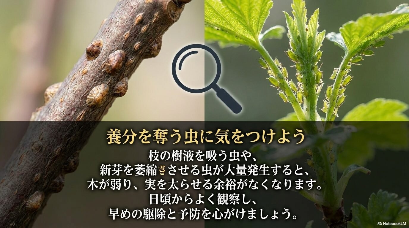 フサスグリの枝の樹液を吸ったり新芽を萎縮させたりする虫への注意喚起と早めの駆除
