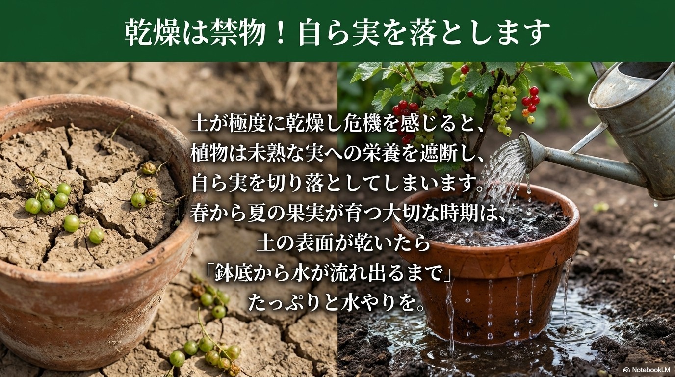 土が極度に乾燥すると未熟な実を自ら落としてしまうため、鉢底から水が流れ出るまでたっぷり水やりをする