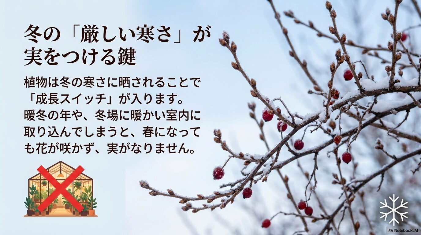 フサスグリが実をつけるためには冬の寒さに晒して成長スイッチを入れる必要があり、冬場の暖かい室内への取り込みはNG
