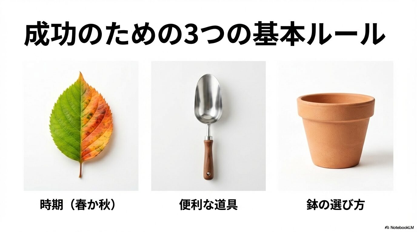 植え替え成功のための3つの基本ルール(時期、道具、鉢の選び方)