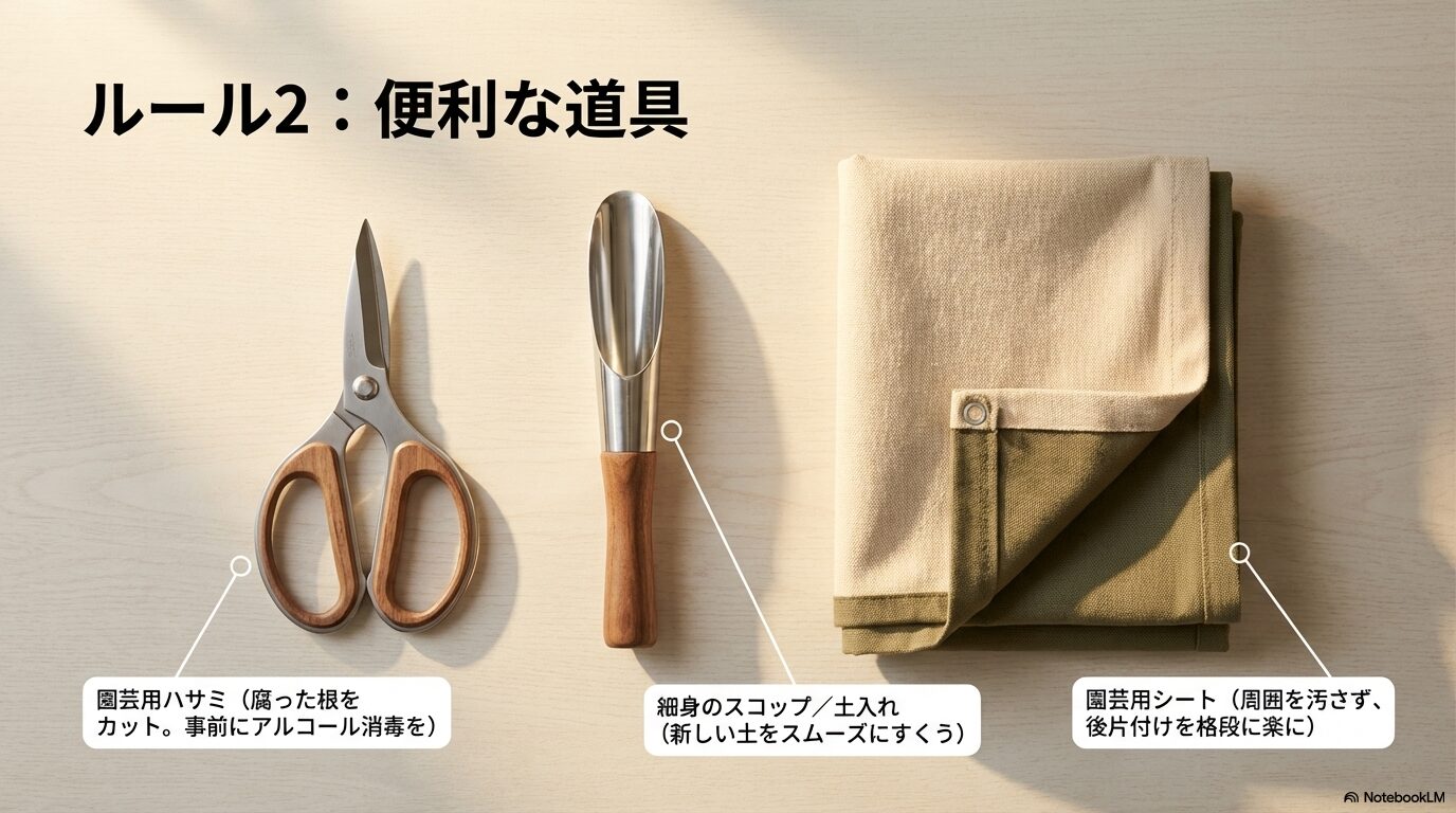 ルール2 便利な道具:園芸用ハサミ、細身のスコップ、園芸用シート