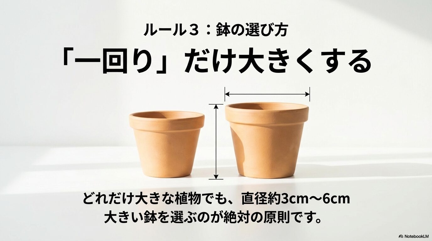 ルール3 鉢の選び方:直径約3cmから6cmの一回りだけ大きくする