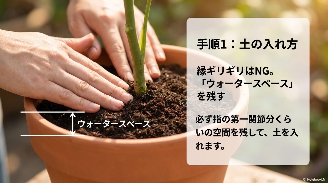 手順1 土の入れ方:縁ギリギリはNG、ウォータースペースを残す