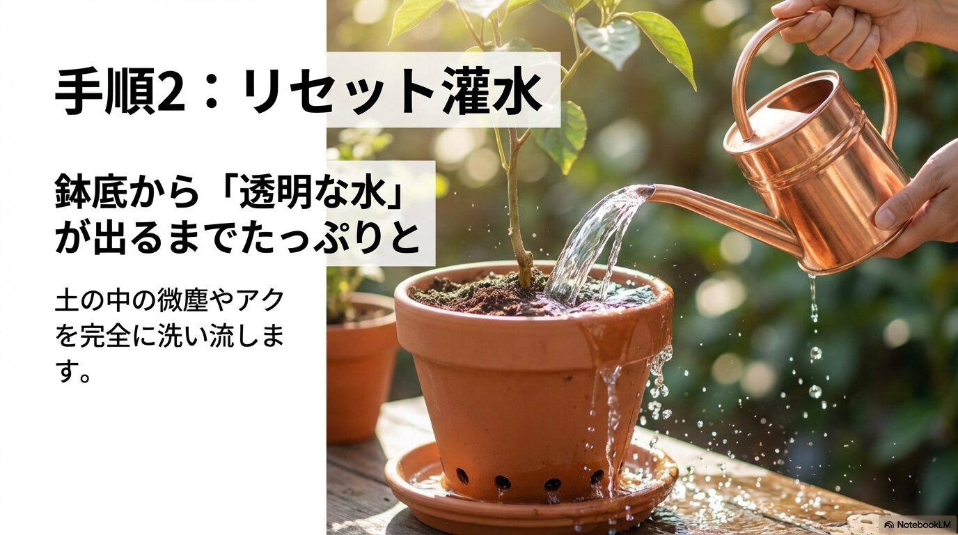 手順2 リセット灌水:鉢底から透明な水が出るまでたっぷりと