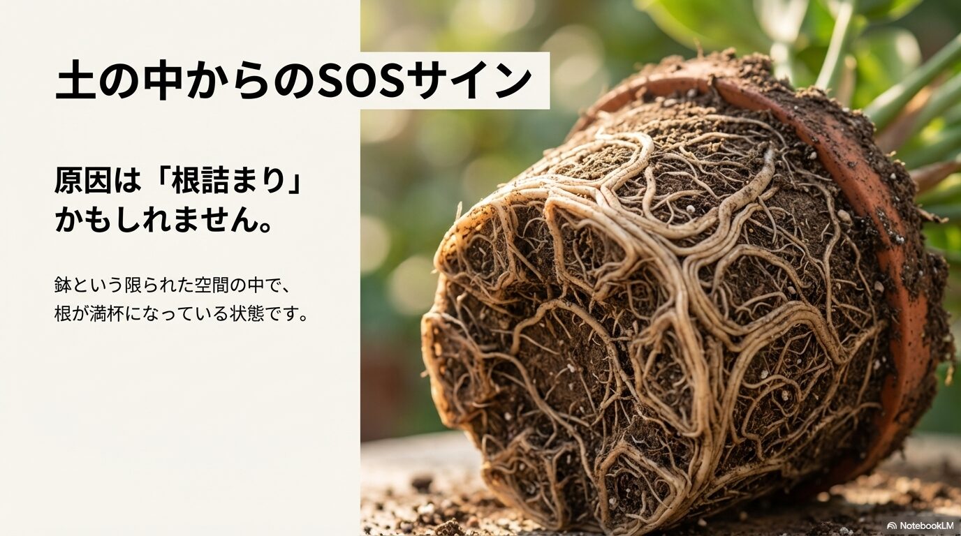 鉢の中で根が満杯になっている根詰まりのSOSサイン