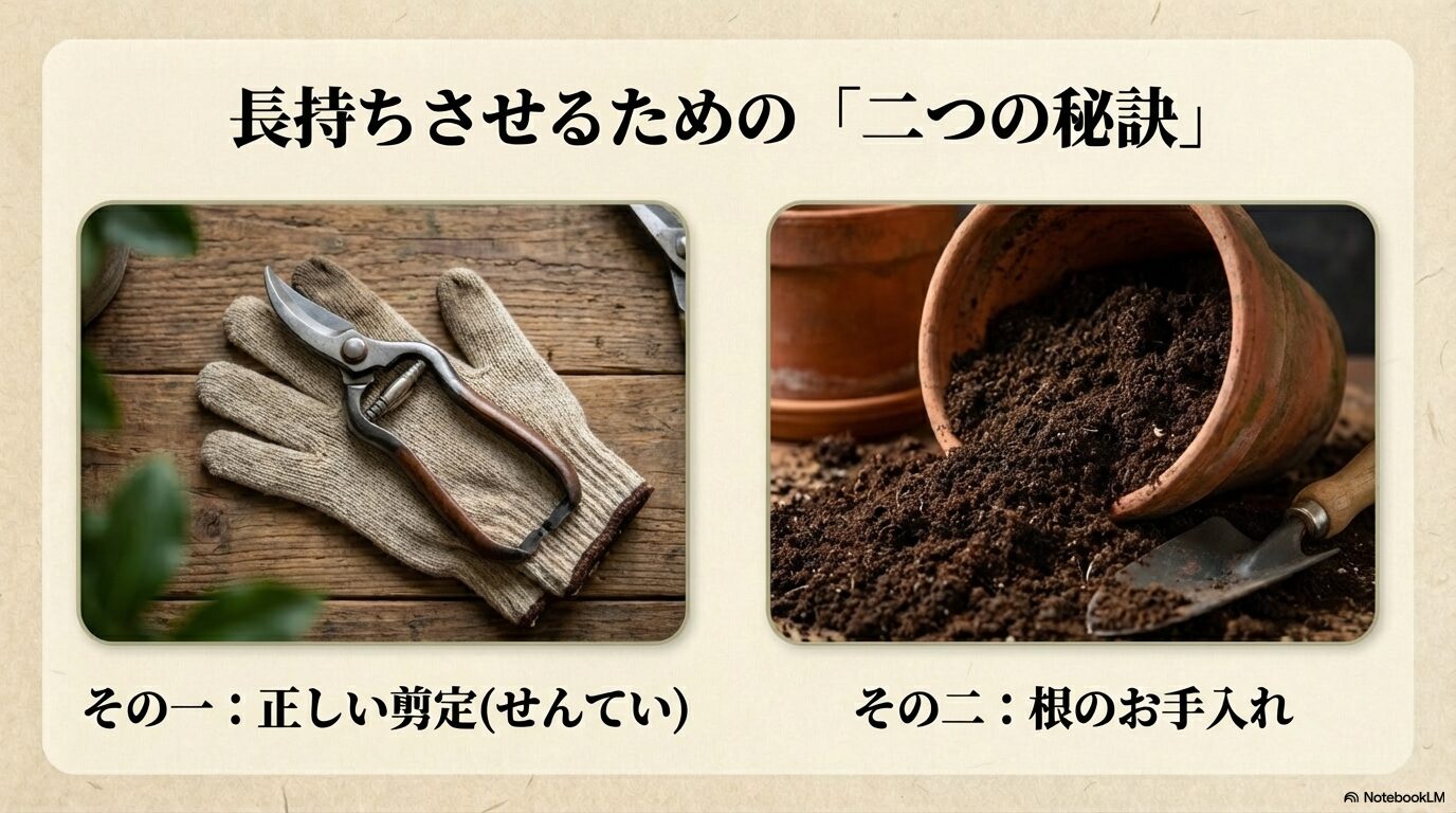 剪定バサミと鉢からこぼれる新しい土（千両の寿命を延ばすための剪定と根のお手入れのイメージ）