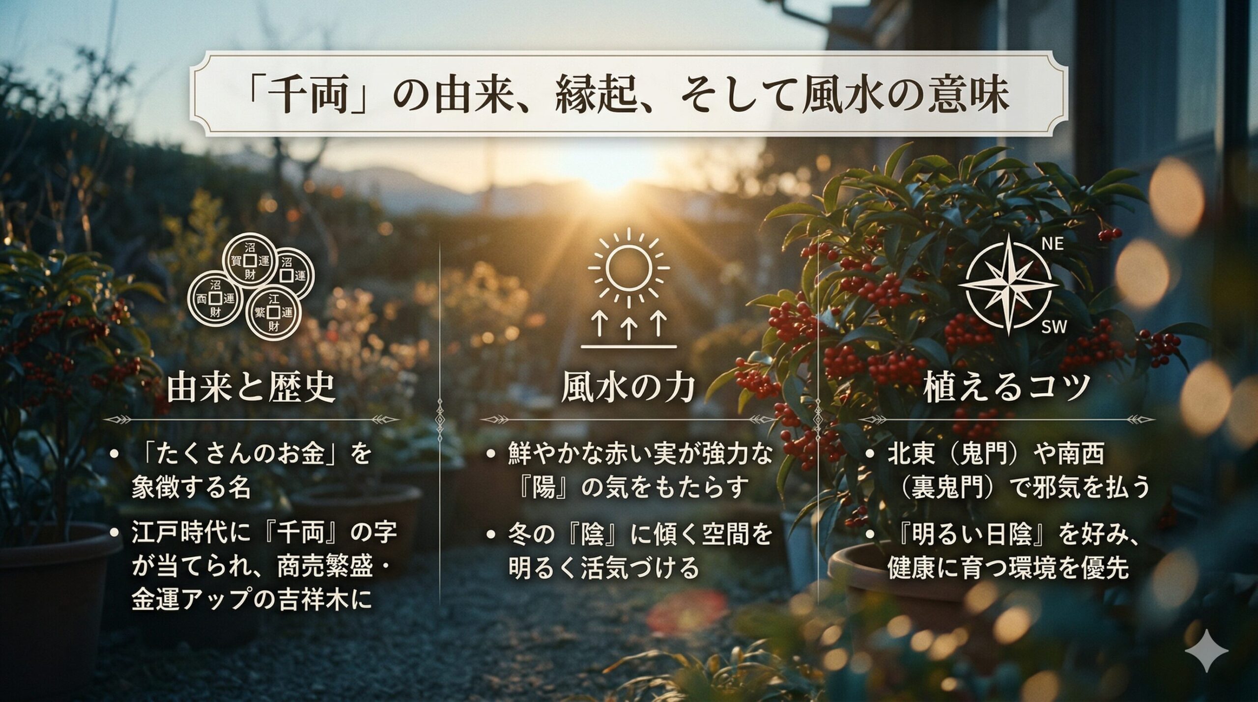 新春の縁起物「千両」の由来、風水的効果、植える方角のコツを要約した、品格あるデザインのスライド画像。朝日に照らされたお庭を背景に、商売繁盛や陽の気、北東・南西への植栽など、記事の要点が分かりやすくまとめられている。