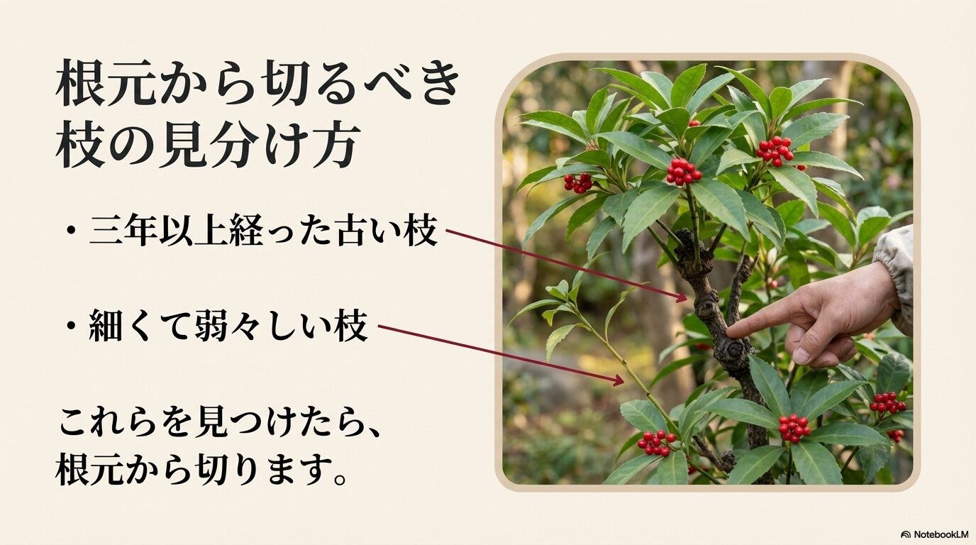 根元から切るべき枝の見分け方。三年以上経った古い枝、細くて弱々しい枝。これらを見つけたら、根元から切ります。