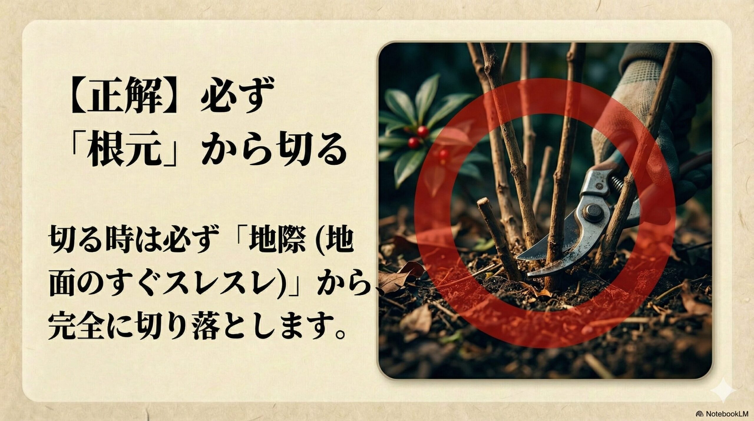 【正解】必ず「根元」から切る。切る時は必ず「地際（地面のすぐスレスレ）」から完全に切り落とします。