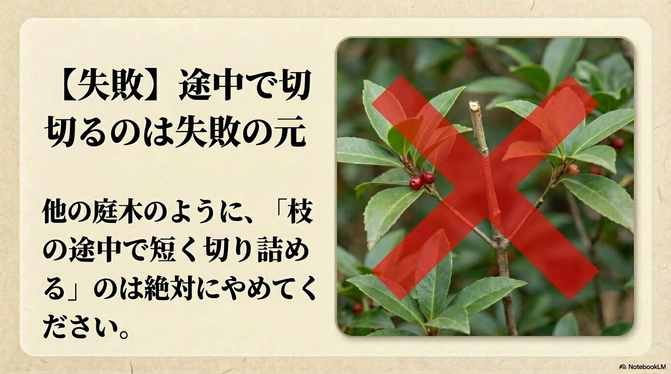 【失敗】途中で切るのは失敗の元。他の庭木のように、「枝の途中で短く切り詰める」のは絶対にやめてください。