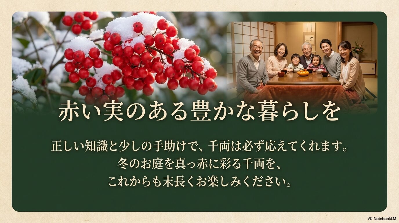 赤い実のある豊かな暮らしを。正しい知識と少しの手助けで、千両は必ず応えてくれます。冬のお庭を真っ赤に彩る千両を、これからも末長くお楽しみください。