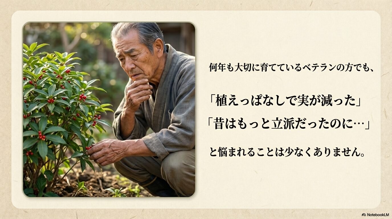 千両の実が減ってしまい、不安そうに株を見つめるベテラン栽培者の様子