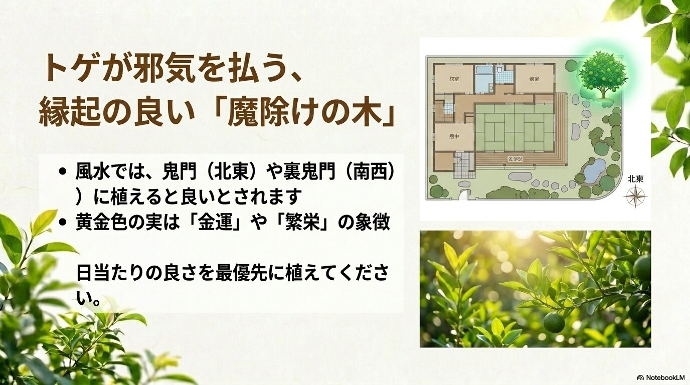すだちの木を植えるのに適した鬼門（北東）や裏鬼門（南西）の吉方位と魔除けの効果