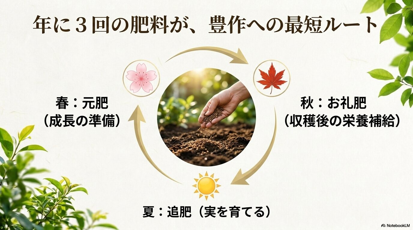 春の元肥、夏の追肥、秋のお礼肥による年3回の肥料サイクル