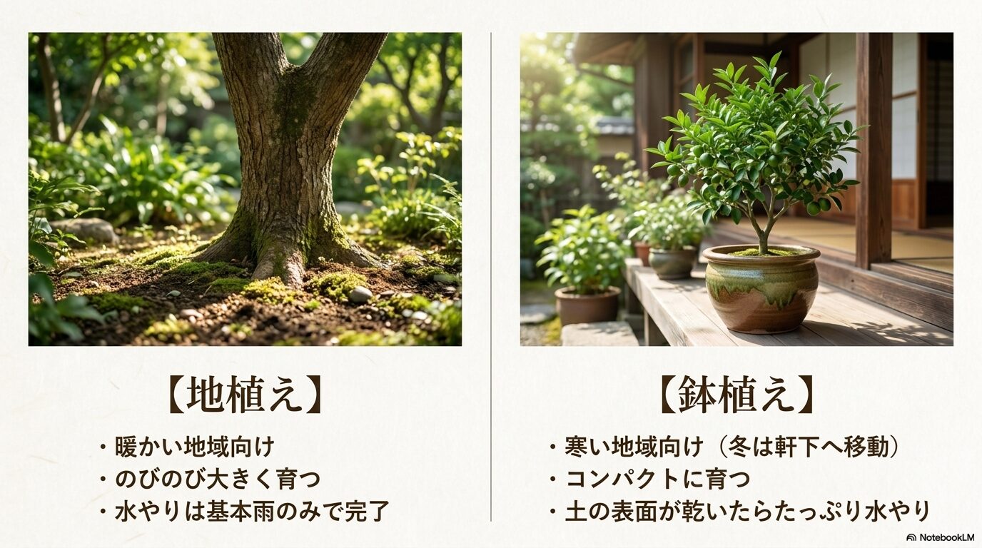 暖かい地域向けの地植えと、寒い地域向けでコンパクトに育つ鉢植えの比較