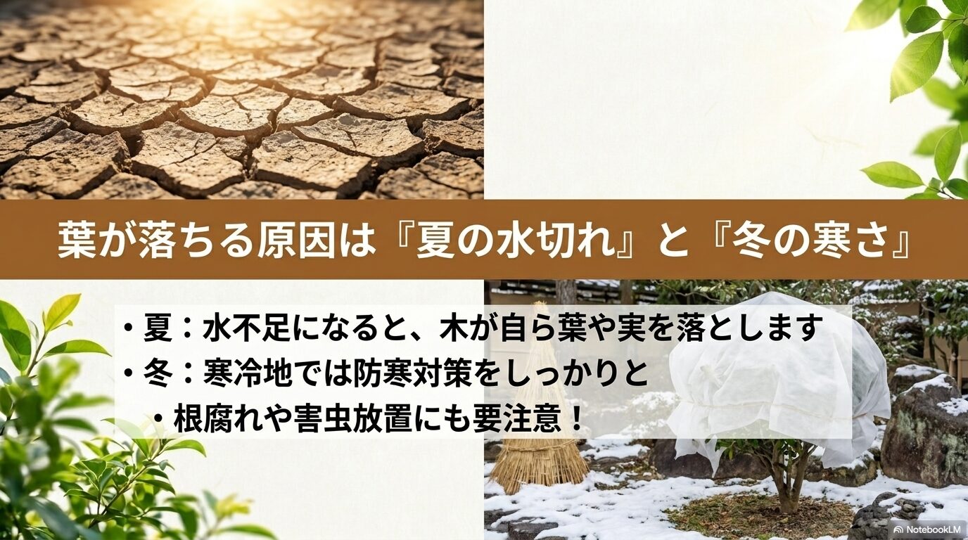 すだちの葉が落ちる原因となる夏の水切れと冬の寒さ、根腐れについての注意喚起
