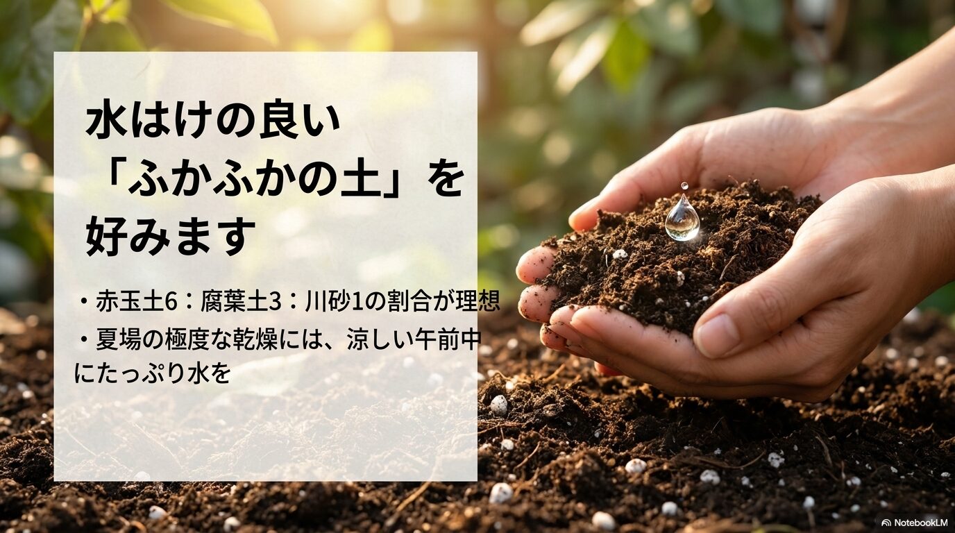 赤玉土6、腐葉土3、川砂1の割合で作るすだちが好む水はけの良いふかふかの土