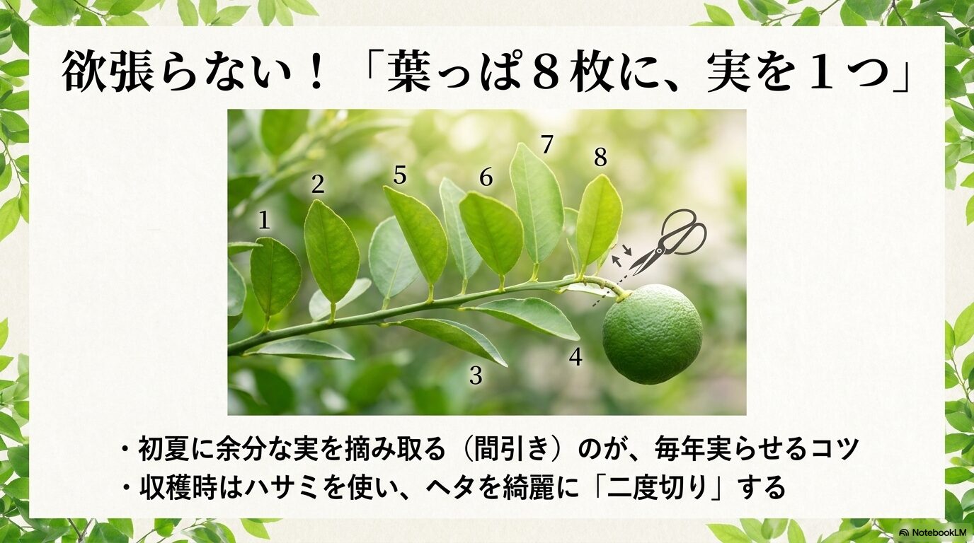 毎年実らせるための「葉っぱ8枚に実を1つ」の摘果ルールとハサミを使った二度切りの方法