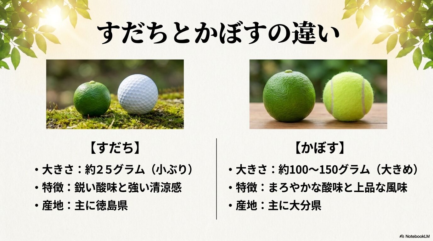すだち（約25gのゴルフボール大）とかぼす（約100〜150gのテニスボール大）の大きさ比較