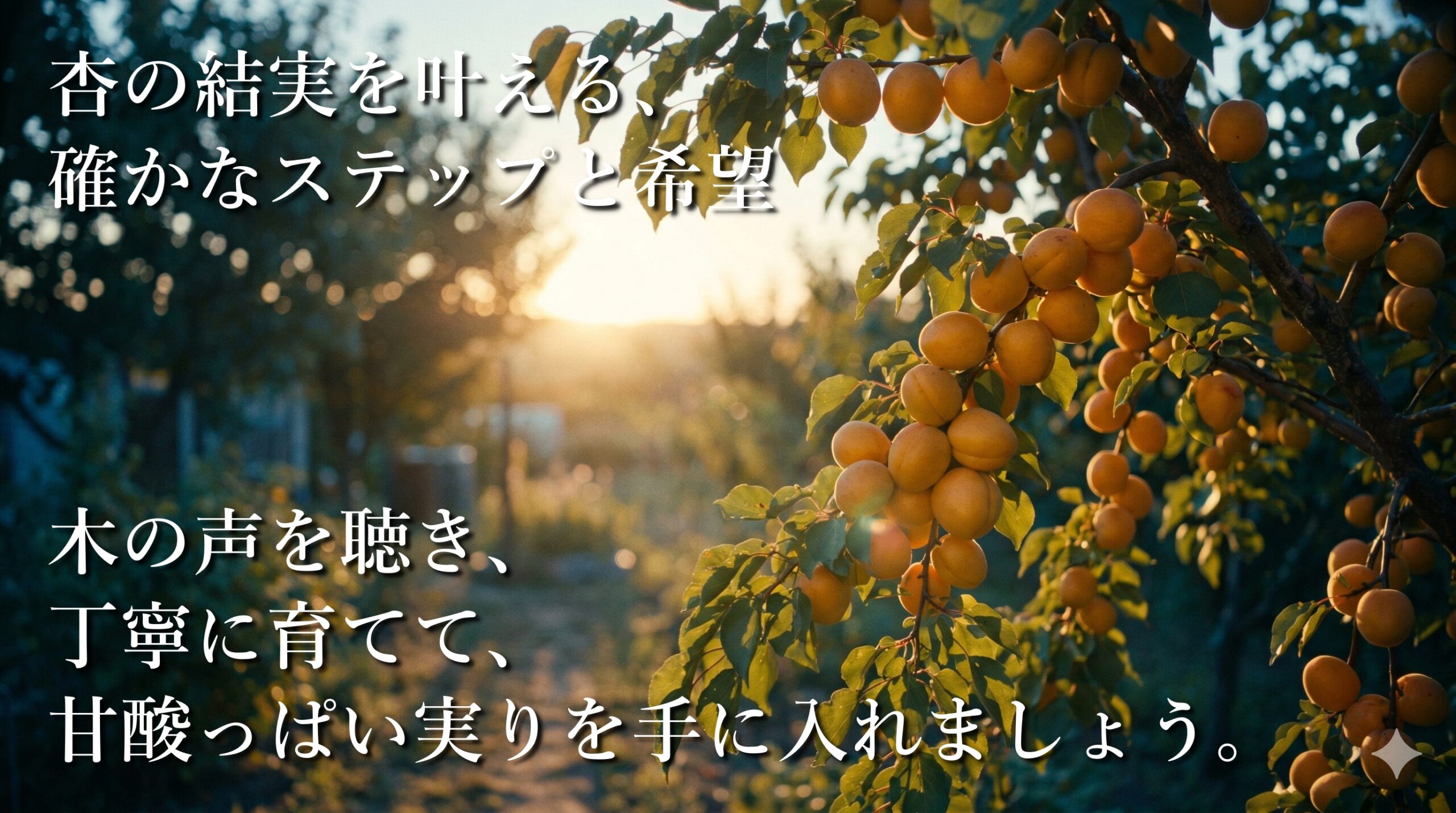 朝日に照らされた杏の果樹園を背景に、杏が実らない原因と対策（日照、受粉、剪定）の要点と、「丁寧に育んだ愛情は、きっと甘酸っぱい実りに変わる。」という言葉を記したエレガントなまとめ。