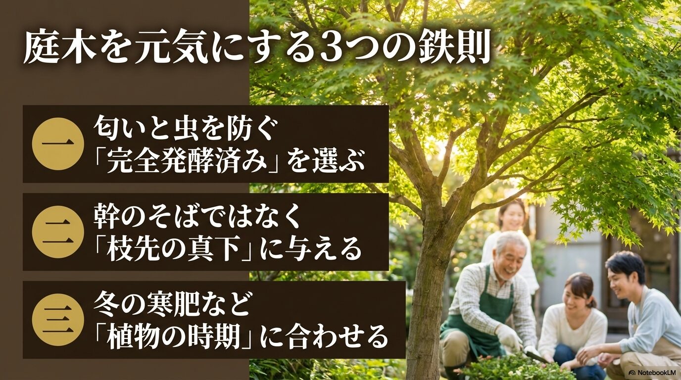 庭木を元気にする3つの鉄則。1.匂いと虫を防ぐ完全発酵済みを選ぶ、2.幹のそばではなく枝先の真下に与える、3.冬の寒肥など植物の時期に合わせる