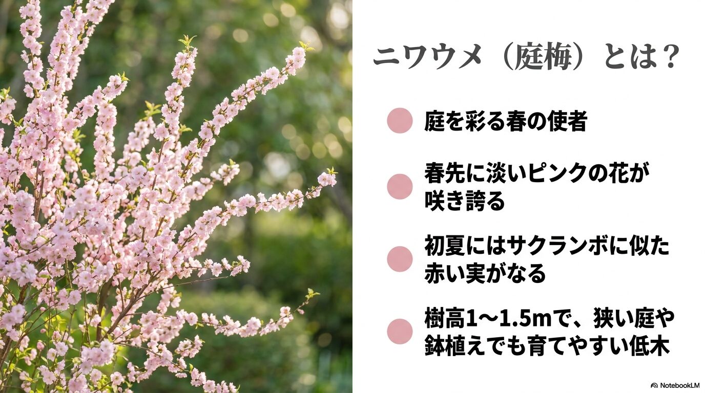 ニワウメの花と実の特徴、樹高1〜1.5mの低木であることなど、庭梅の基本情報をまとめたスライド