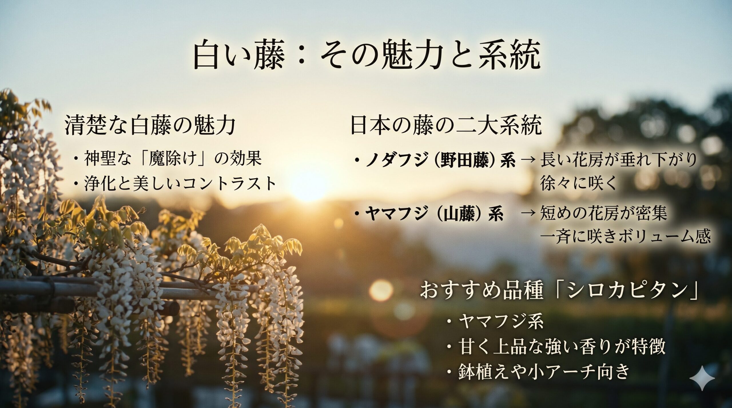 朝日を浴びて輝く白い藤の庭園風景を背景に、白い藤の魅力、ノダフジとヤマフジの系統の違い、おすすめ品種シロカピタンの特徴をまとめた、気品あるスライド画像。
