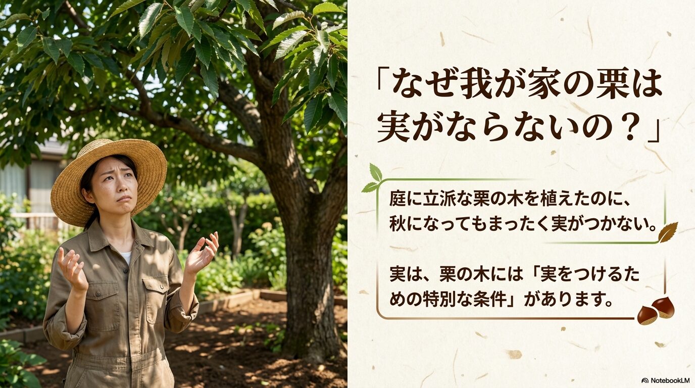 「なぜ我が家の栗は実がならないの?」と疑問を持つ方に向けた、実をつけるための特別な条件があることを説明するスライド