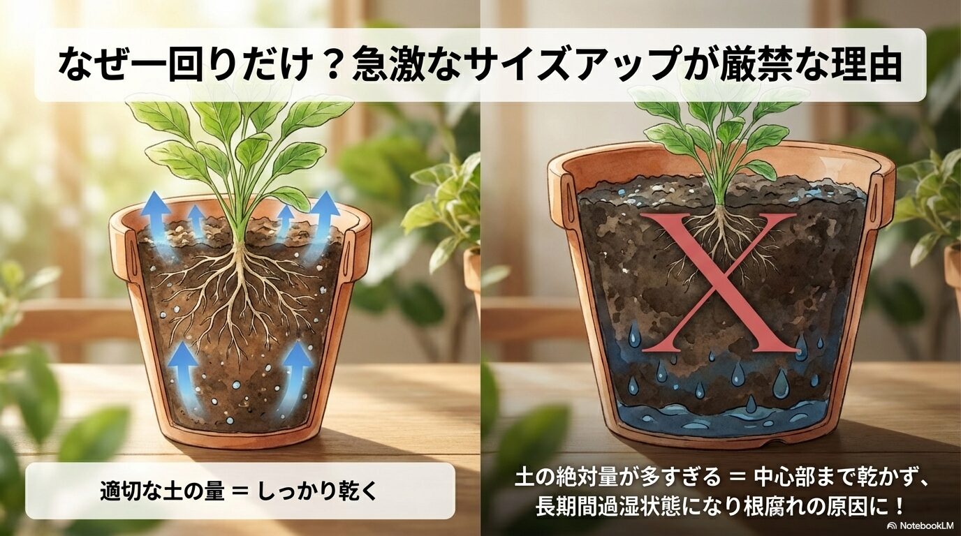 急激なサイズアップが厳禁な理由:適切な土の量がしっかり乾くポイント