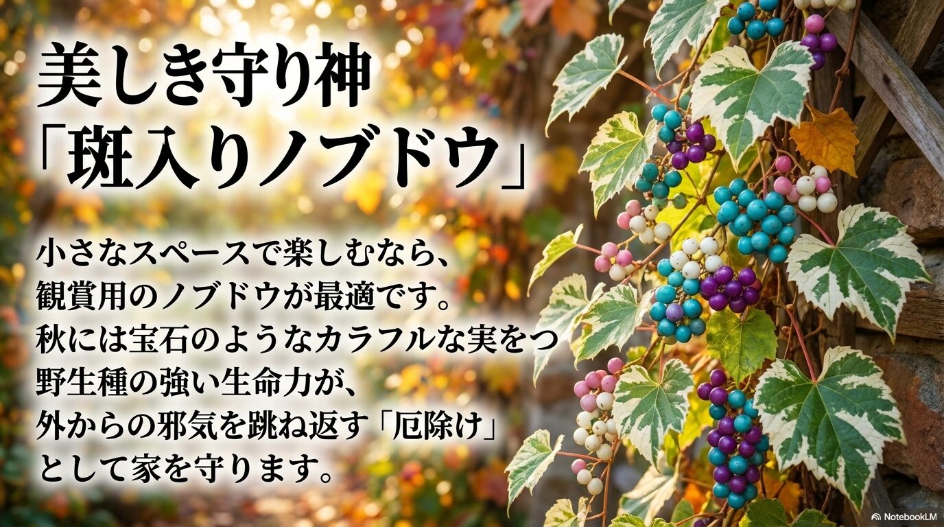 小さなスペースで鑑賞用として楽しめる厄除けや魔除け効果を持つ斑入りノブドウ