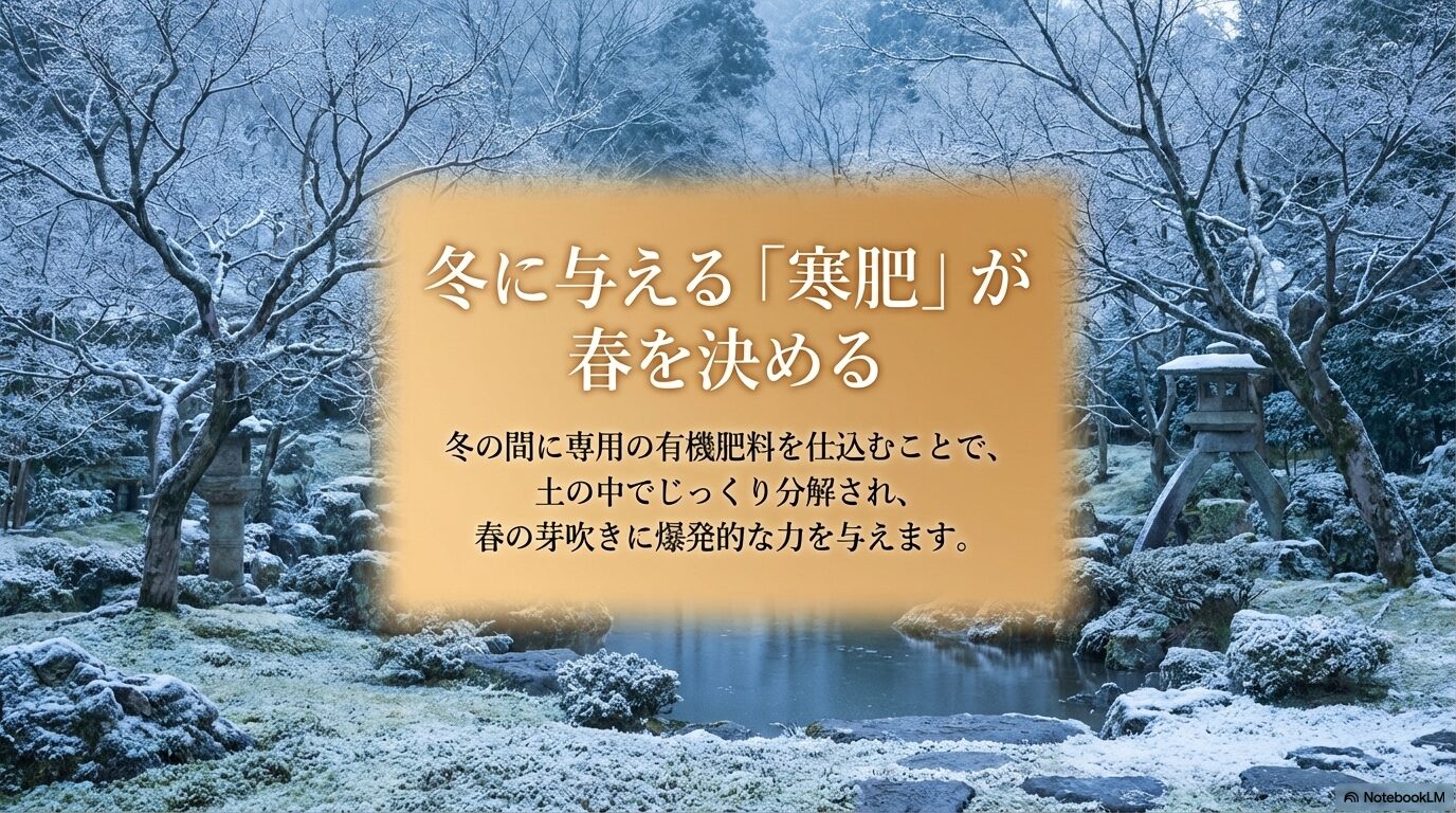 冬の間に専用の有機肥料を仕込むことで土の中でじっくり分解され、春の芽吹きに爆発的な力を与える