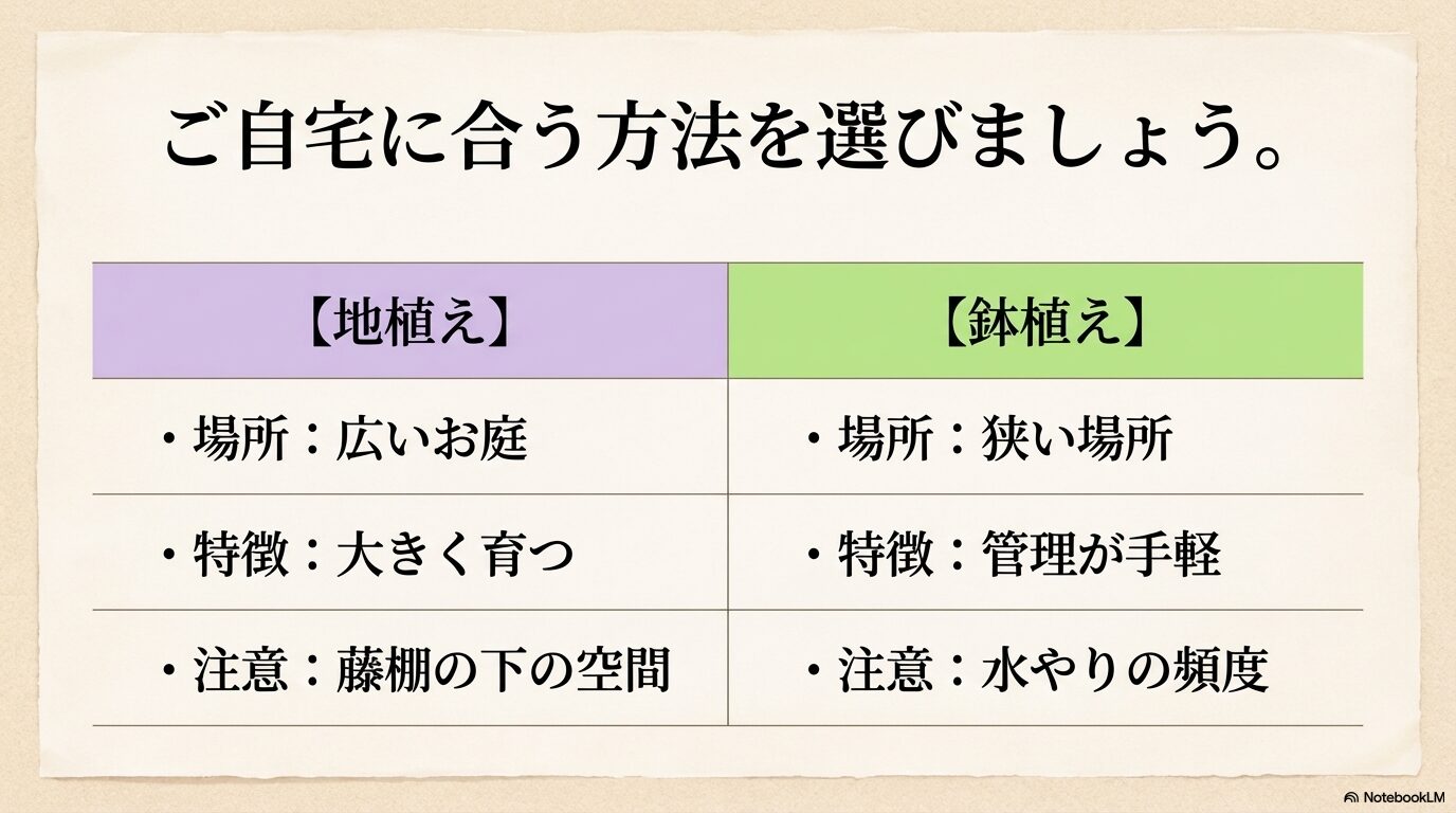 場所、特徴、注意点でまとめた藤の地植えと鉢植えの比較表