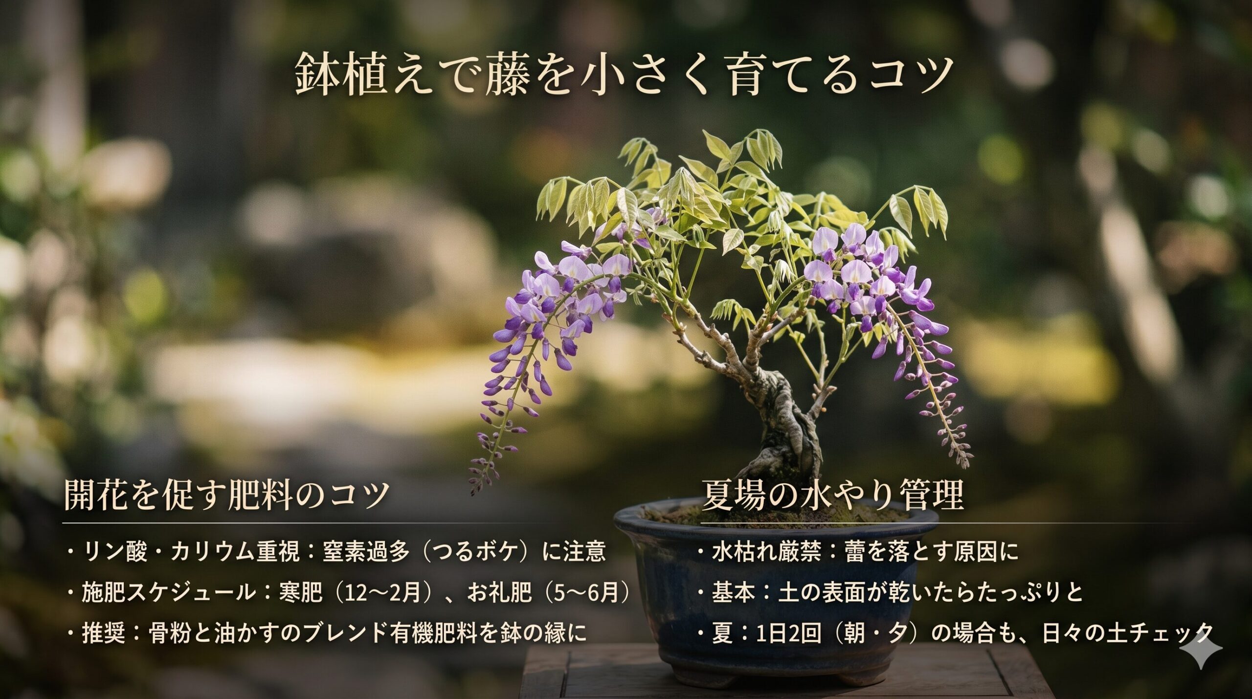 鉢植えで藤をコンパクトに育てるための肥料と水やり管理の要点を解説した、上品なスライド画像。開花を促すリン酸・カリウム重視の施肥スケジュールや、つるボケ防止の窒素抑制、夏場の水枯れ防止のためのこまめな水やりについてまとめています。