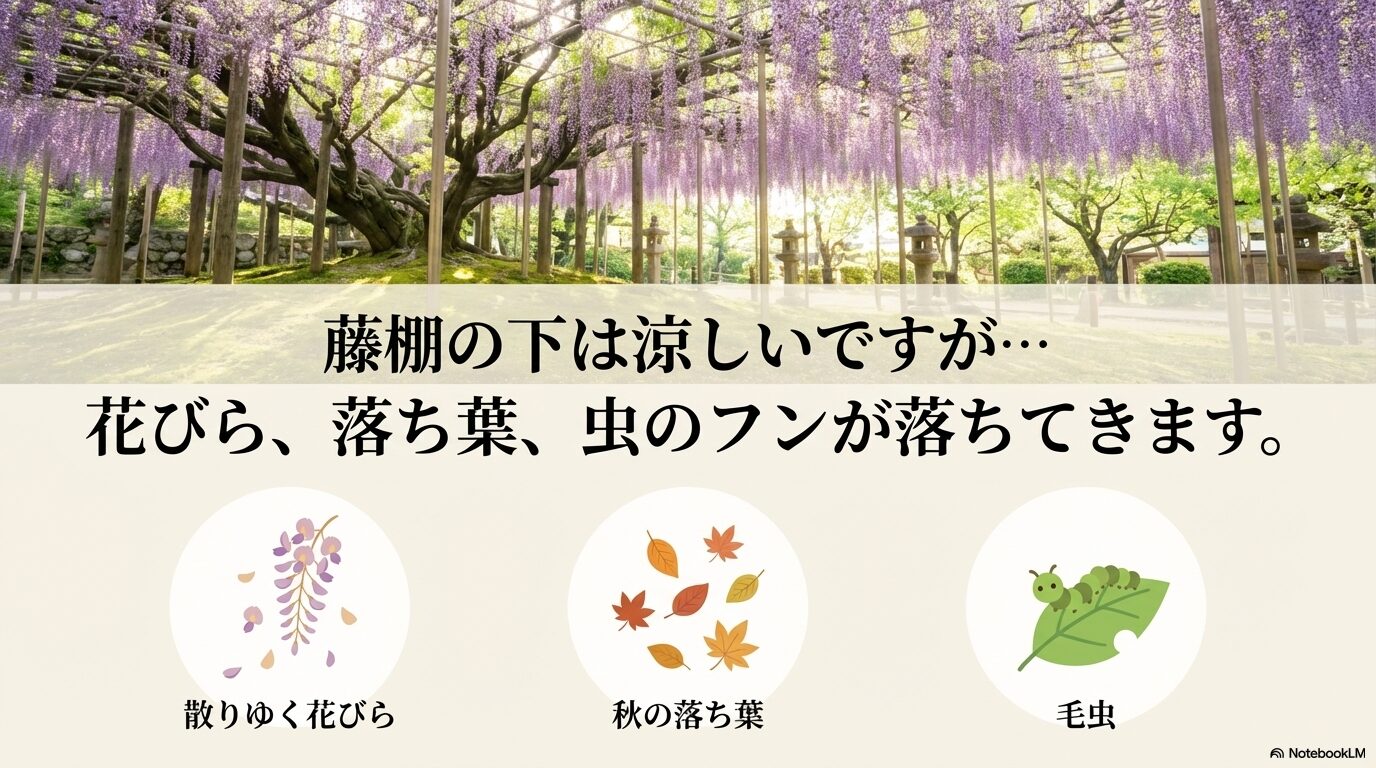 藤棚の下に落ちてくる花びら、落ち葉、毛虫のイラスト