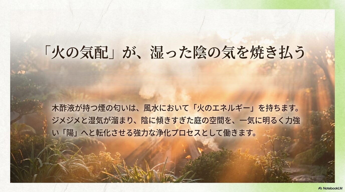 木酢液が持つ火の気配が湿った陰の気を焼き払い陽の気へと転化させる