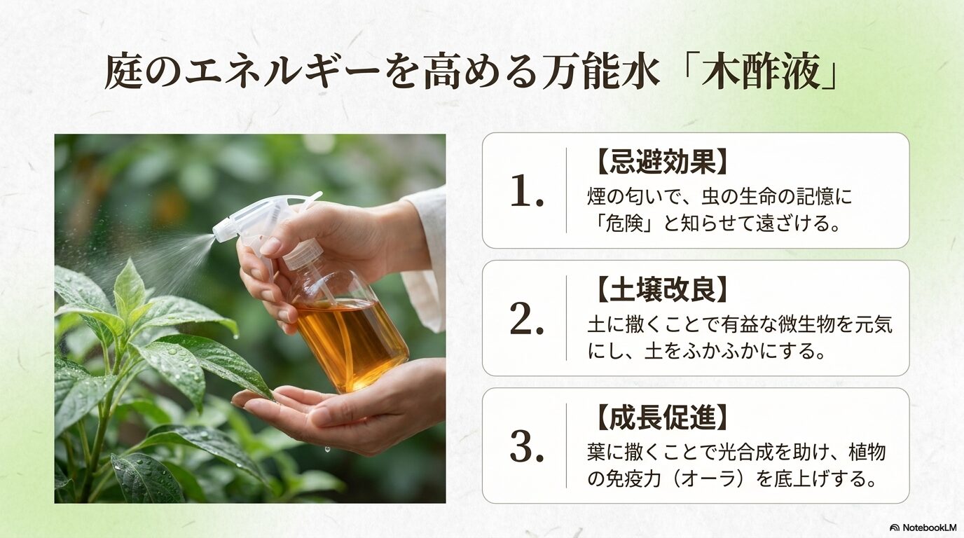 庭のエネルギーを高める万能水「木酢液」の忌避効果と土壌改良・成長促進