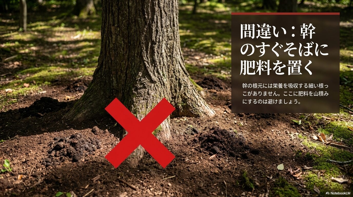 幹の根元には栄養を吸収する細い根っこがないため、ここに肥料を山積みにするのは避ける