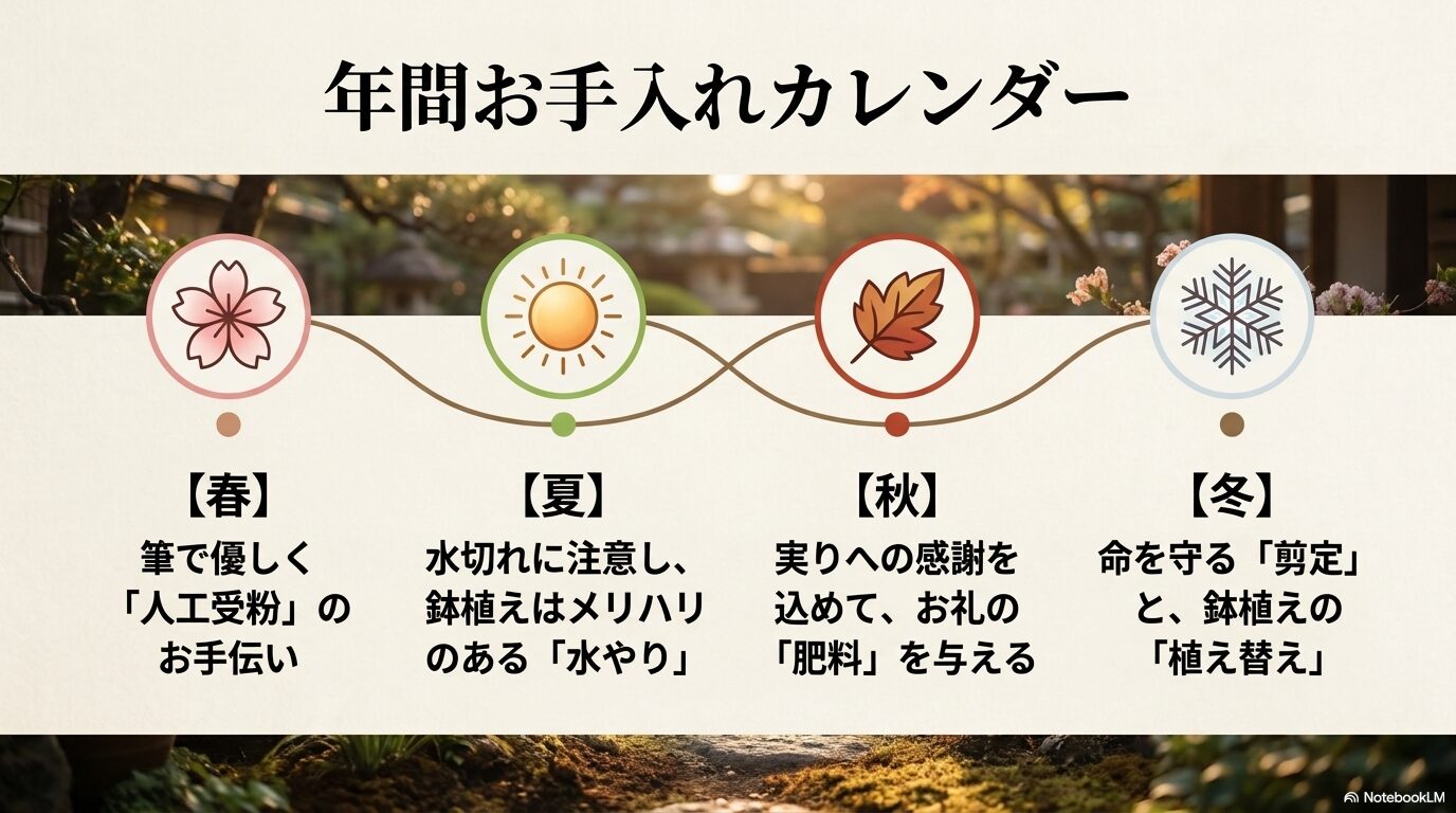 ユスラウメの春夏秋冬の年間お手入れカレンダー